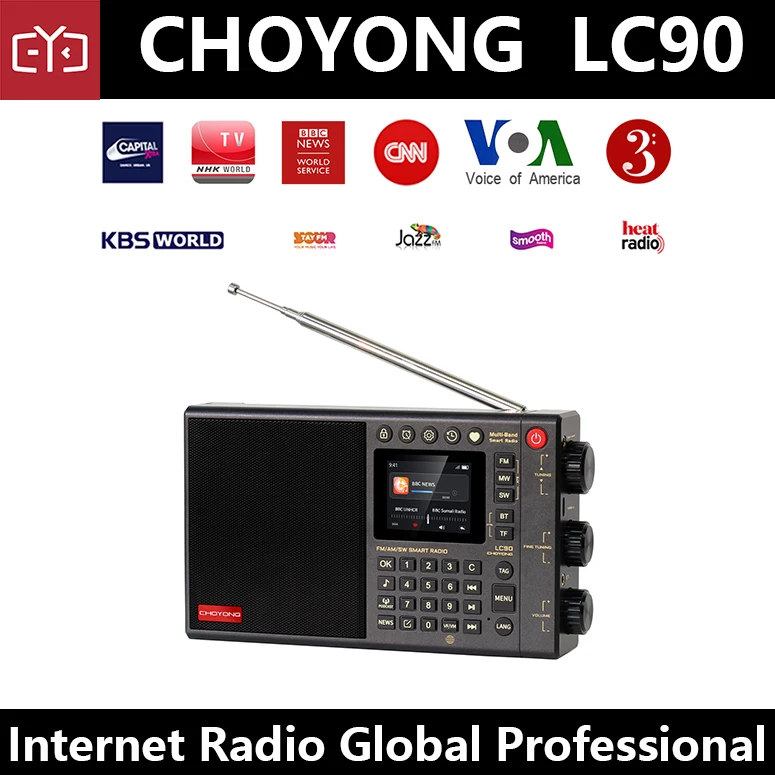 Choyong lc90 rádio de internet global profissional multi-banda inteligente portátil wif/4g, am/fm, rádio de ondas longas e curtas com ssb tf bt