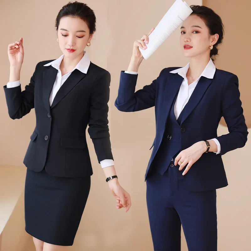 Traje de sastre profesional para mujer, traje femenino de temperamento, manga larga, uniformes de trabajo de escritorio frontal de Hotel, coreano, Sty, Otoño e Invierno