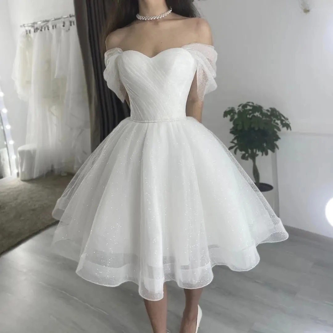 Short Sparkly Sweetheart Wedding Drezs Lace Up Back Off The Shoulder Knee Length for Women Customize To Measures Bridal Gowns