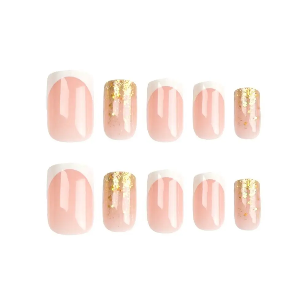 New Long Square False Nails French Gold Pink Fake Nials Glitter Strips Full Cover Press on Nails DIY