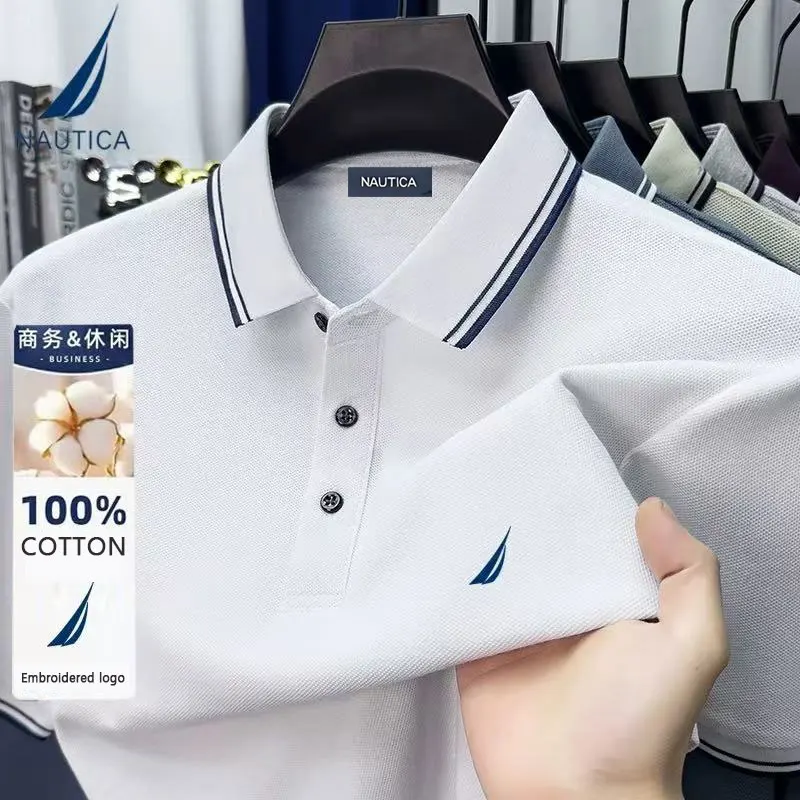 Camisa Polo informal de negocios para hombre con bordado Nautica, top de verano de algodón puro, camiseta de manga corta, ropa de marca para hombre