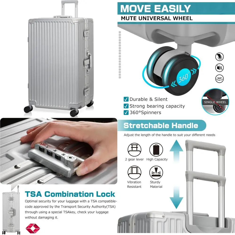 Maleta de equipaje con cerradura TSA de carcasa dura con marco de aluminio, sin cremallera, esencial de viaje plateado de 28 pulgadas