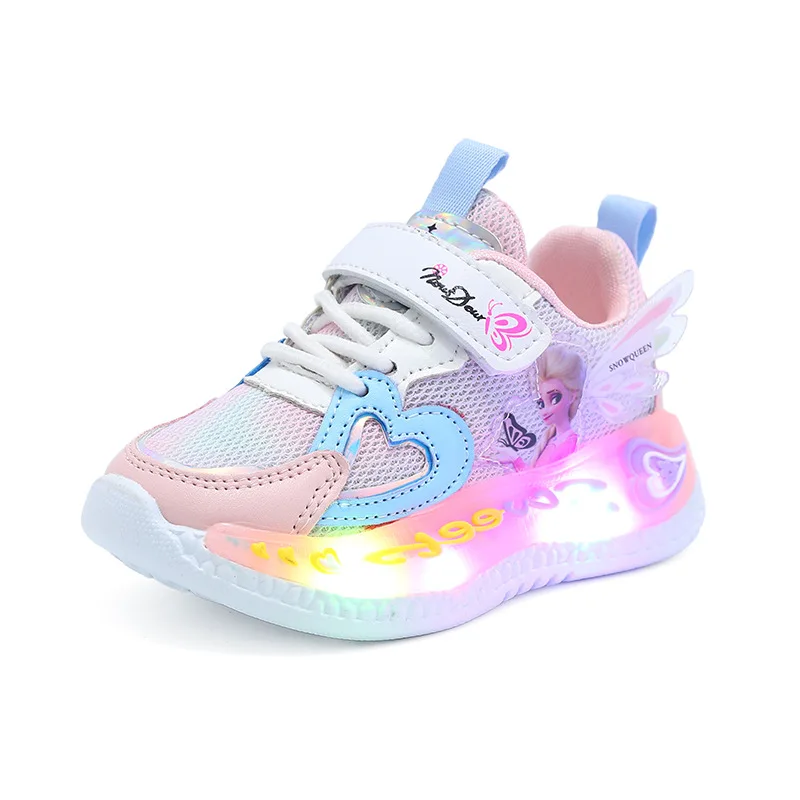 Elsa Princess LED Charging Luminous Glowing Sneakers for Girl\'s Disney Breathable Mesh Sport Shoes Kids Led Lighted Casual Shoes