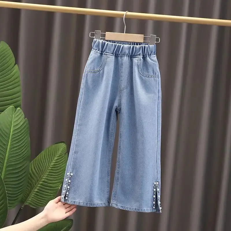 2024 New Fashion Pearl Children Wide Leg Pants Summer Casual Kids Cropped Trousers For Teenager Girls Clothes 4 6 8 10 12 13 Yrs