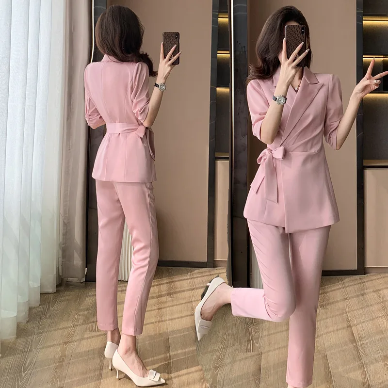 

High-End Pink Suit Women2024New Summer Korean Style Lace-up Business Wear High Sense Temperament Office Suits