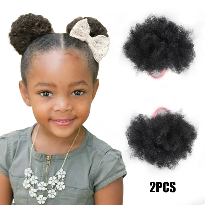 

LUPU Synthetic Afro Puff Hair Bun 2PCS Short Puff Ponytail Extension For Kids Children DIY Puff Hair Bun For Daily Festival Wear