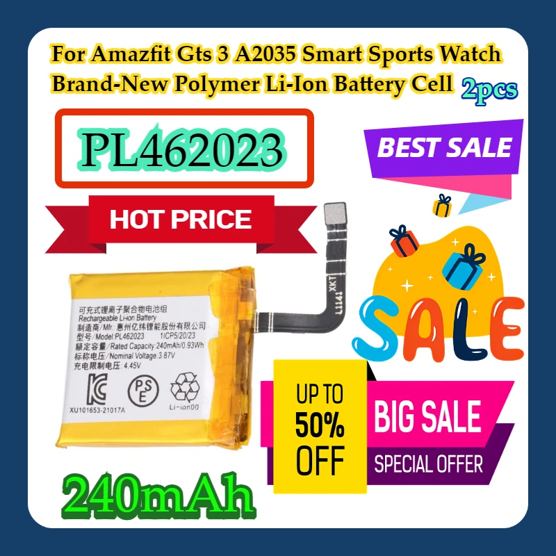 

2pcs For Amazfit Gts 3 A2035 Smart Sports Watch Brand-New 240mAh PL462023 Polymer Li-Ion Battery Cell