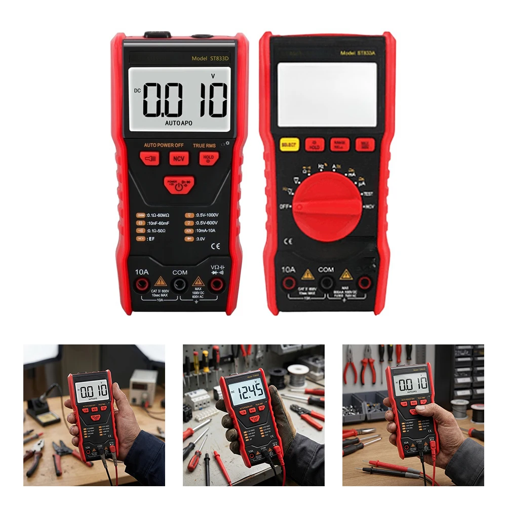 Backlit Digital Multimeter ST833A ST833D for Home and Professional Use: AC/DC Voltage Current Resistance Capacitance NCV Test