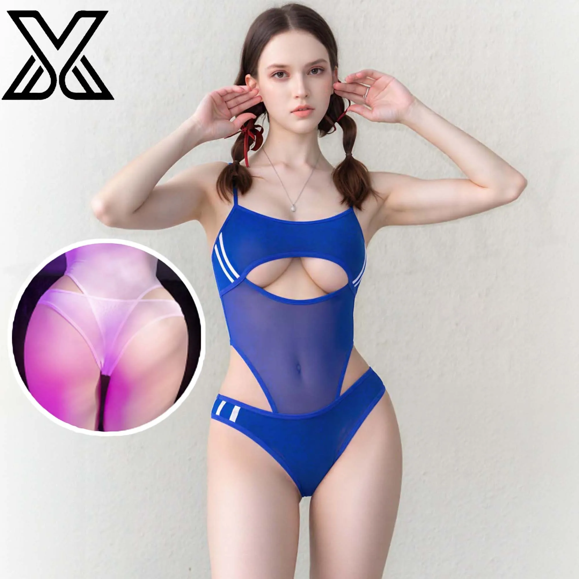XMJXMY Sexy women's 2-piece hollow one-piece swimsuit+underwear set mesh transparent swimsuit