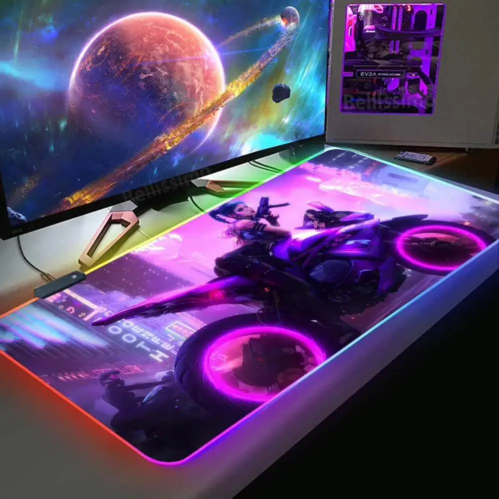 Kawaii Girl Motorcycle Racing Rubber Color Glowing RGB Game Mouse Pad Anime Girl Large Size LED Lighting Gamer Keyboard Desk Pad