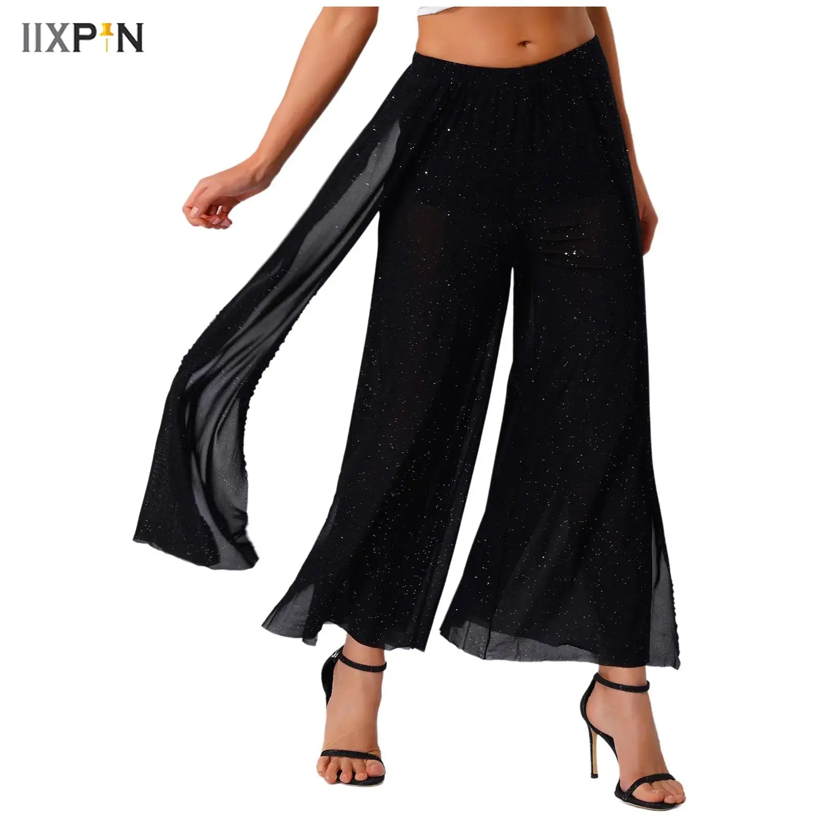 

Women's Shimmering Mesh Wide Leg Pants Elastic Waist Side Slit Built-in Shorts Sheer Mesh Long Pants for Belly Dance Performance