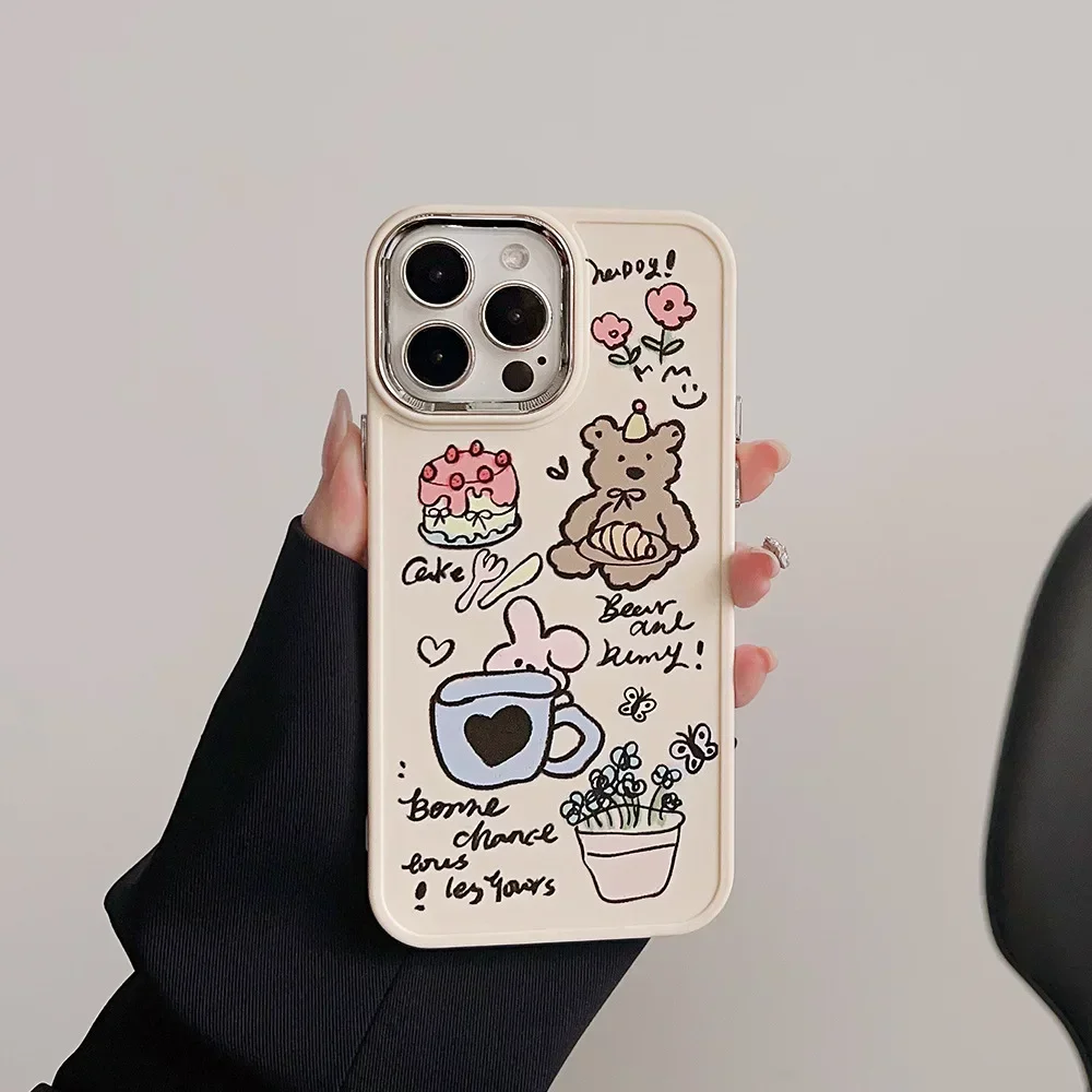 Retro Graffiti bear birthday illustration art Phone Case For iPhone 16 15 14 13 12 11 Pro Max Xr 16 Plus Case Cute Cartoon Cover