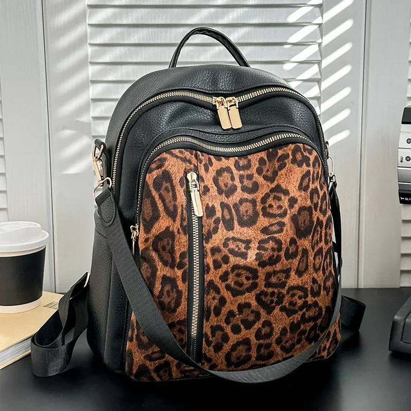 Mochilas de moda de PU con cremallera y estampado de leopardo, hilo de coser 2025, mochilas escolares clásicas simples y versátiles de gran capacidad para mujer