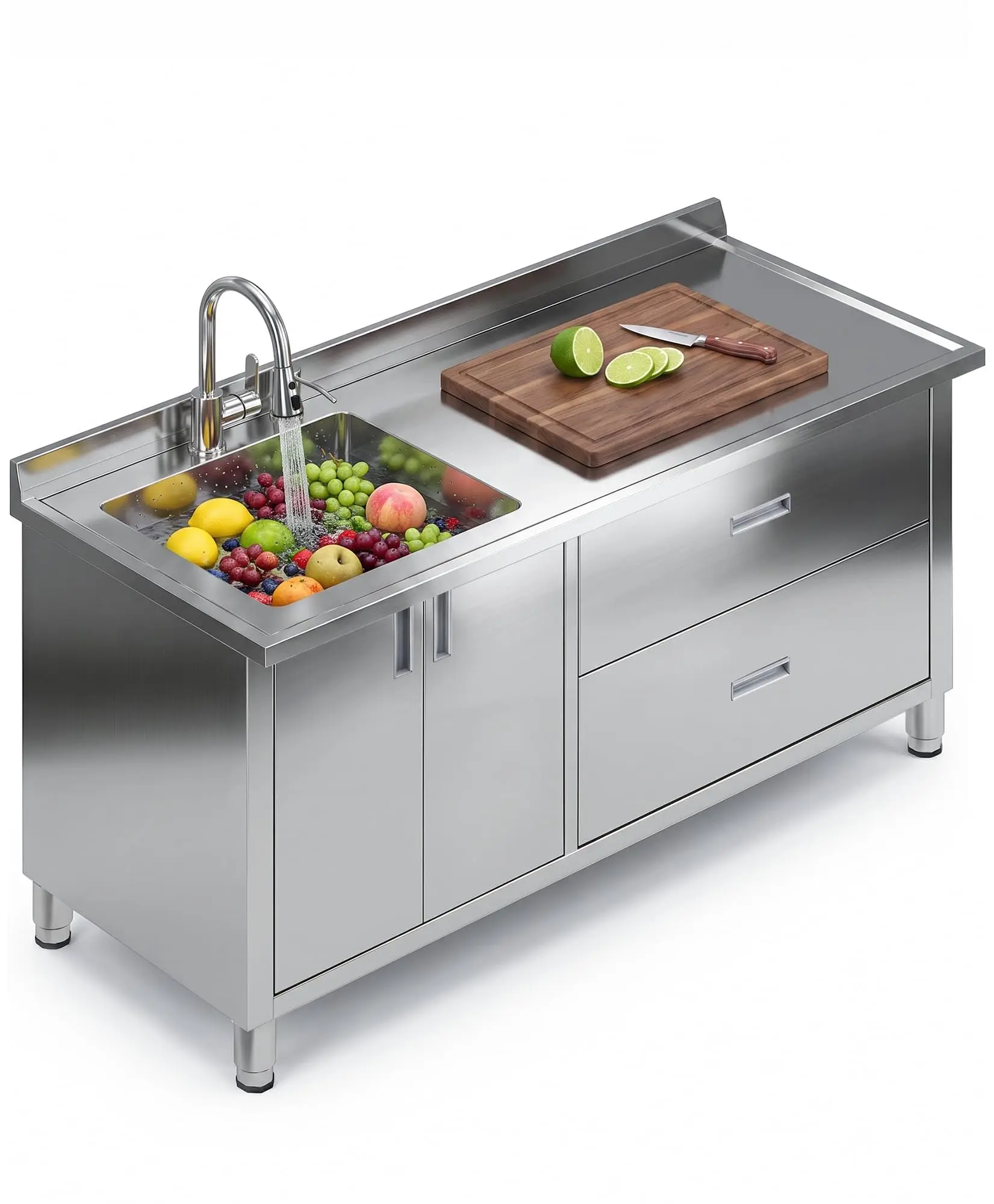 Freestanding Stainless Steel Utility Sink with Worktop, Cabinet & Faucet