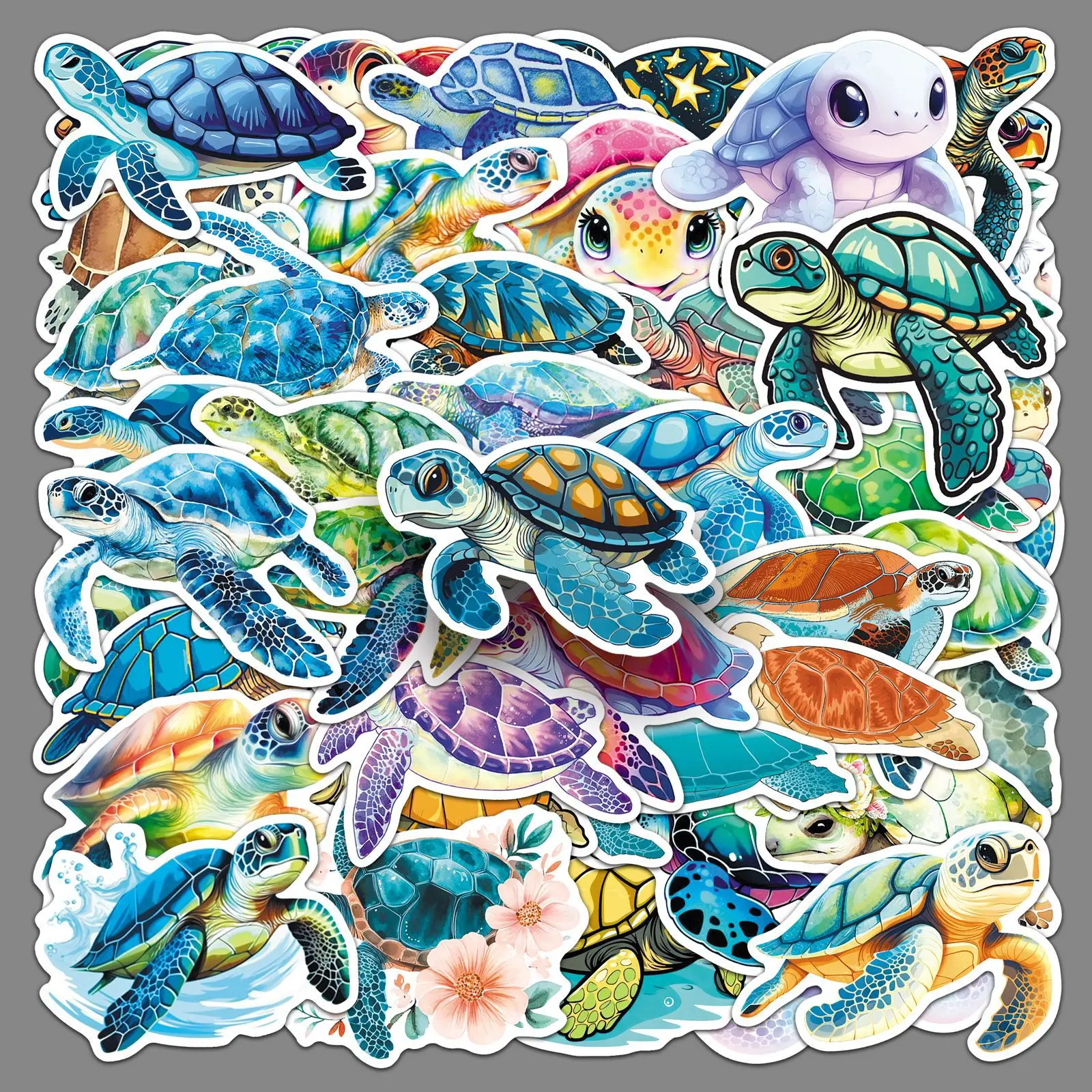 50 Sea Turtle Stickers, Cute Cartoon Marine Animal Graffiti Journaling Supplies Decoration