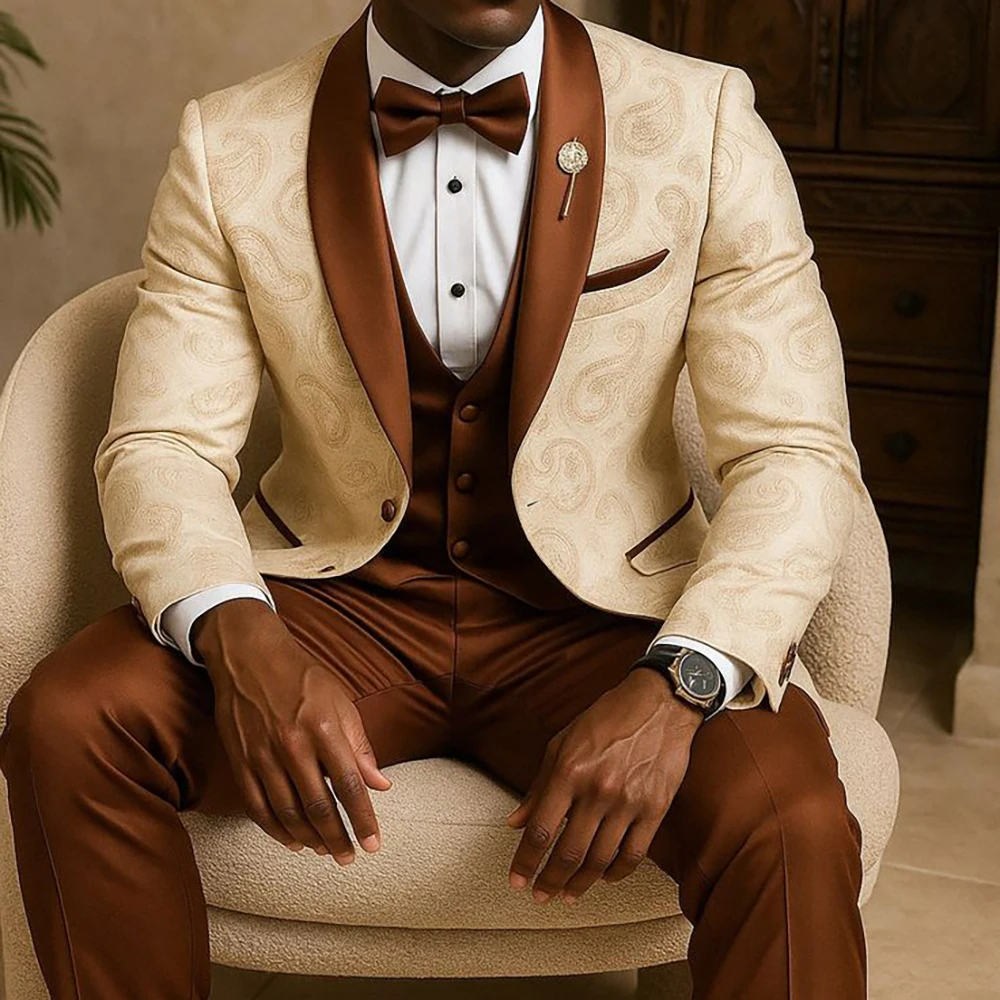 

Paisley Jacquard Satin Men's 3 Piece Suit Set Single-breasted Shawl Lapel Luxury Wedding Outfit Groom Blazer Vest 2025 Premium