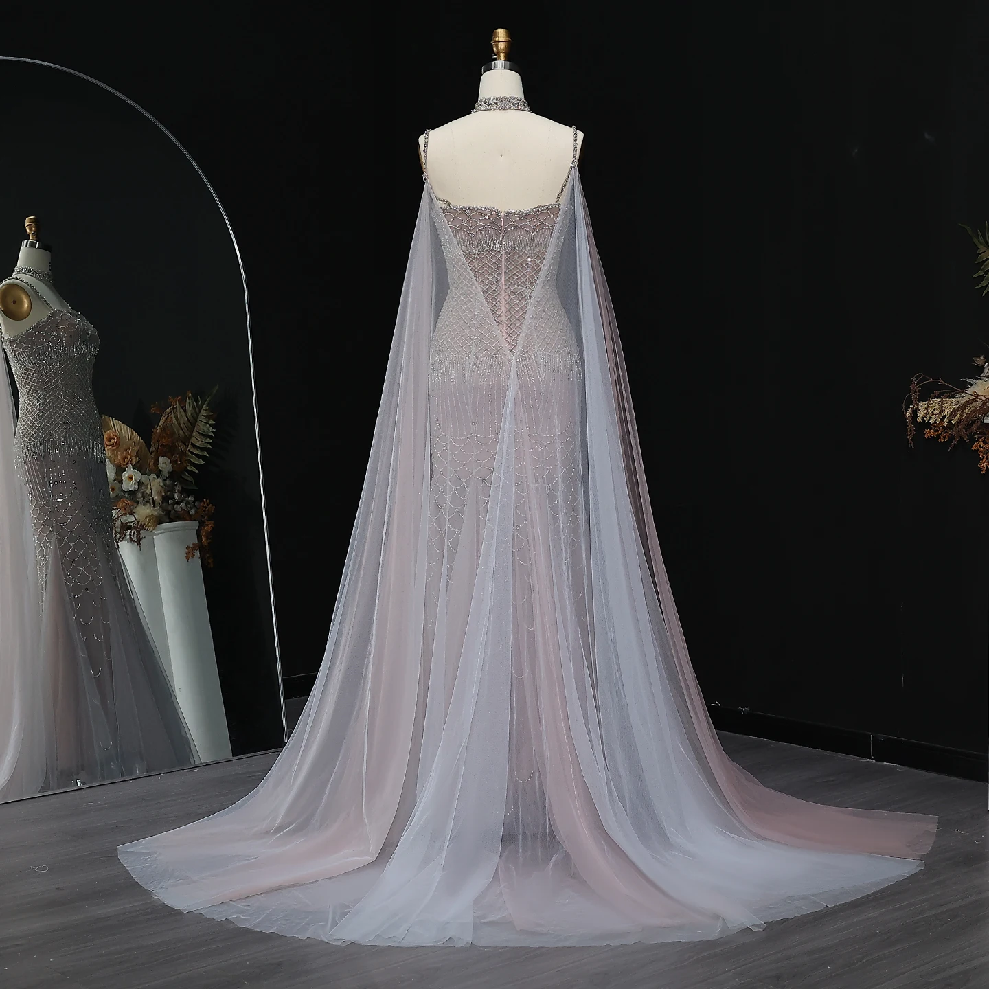 Sharon Said Elegant Beaded Lotus Pink Mermaid Evening Gown with Sheer Cape Choker for Women Wedding Party Dress SS509 Customized image 6
