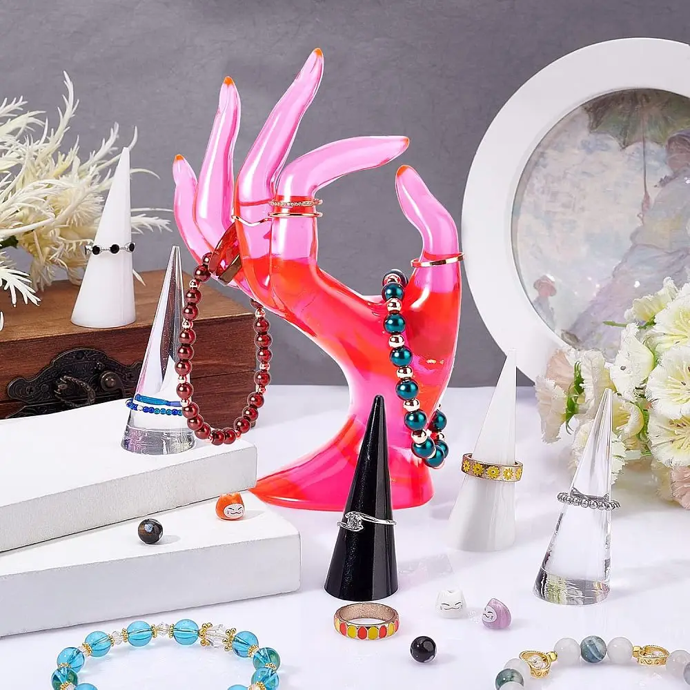 7Pcs 4 Style Acrylic Ring Displays Cone Shaped Finger Ring Display Stands Misty Rose 2.3~2.62x6~7.25cm 2pcs/style