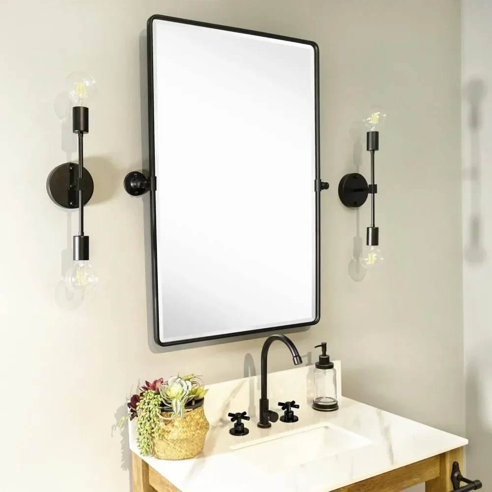 Farmhouse Pivot Rectangle Bathroom Mirror Black Metal Framed Tilting Beveled Vanity Mirrors for Wall 20x30'' mueble joyero