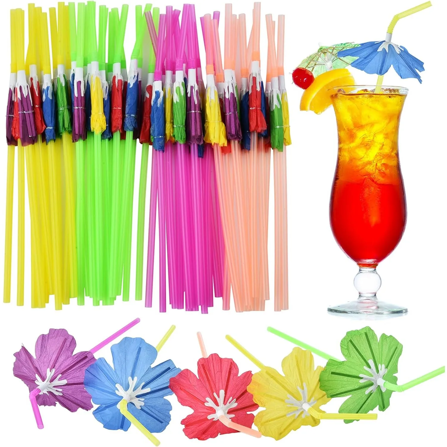 50pcs Umbrella Straws,Cocktail Drink Umbrellas Fancy Flower Bar Straws, Tropical Summber Beach Luau Tiki Hawaiian Party Straws