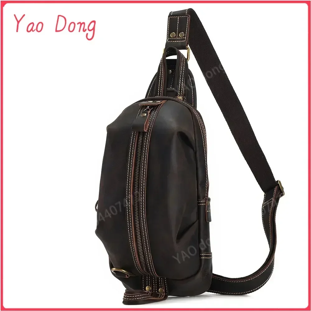 Yao Dong Vintage Crazy Horse Leather Men Chest Bag Casual Sling Shoulder Bags Small Crossbody Bag Man Purse Messenger Handbags