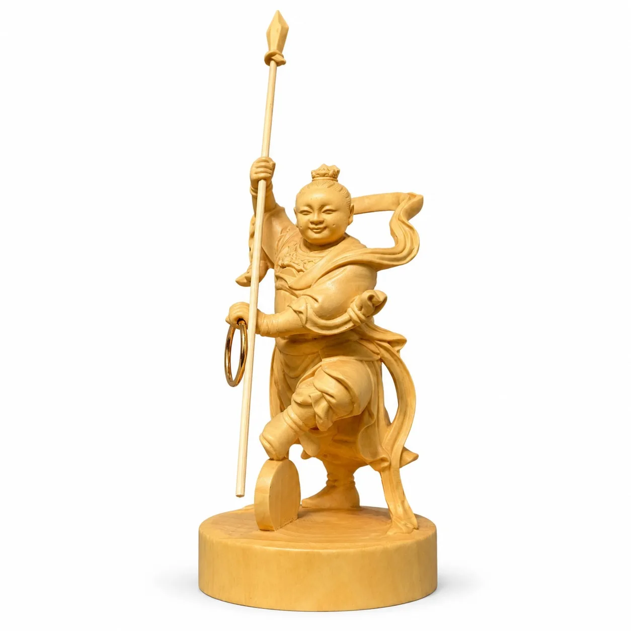 

Hand Carved Boxwood Nezha Third Prince Statue Traditional Chinese Deity Figurine for Zen Home Office Desk Decor Gift