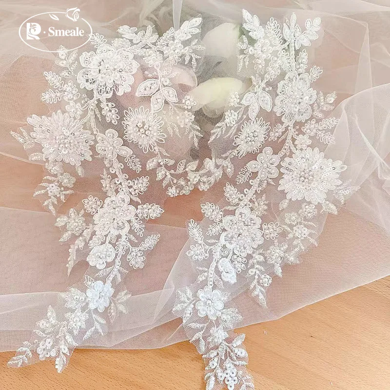 34X17CM Weiße Rayon-Perlen-Pailletten-Blumen Bestickte Spitzen-Spiegel-Applikation. Braut-Kopfschmuck. Patch DIY Hochzeitsaccessoires zum Nähen. – Detail 4