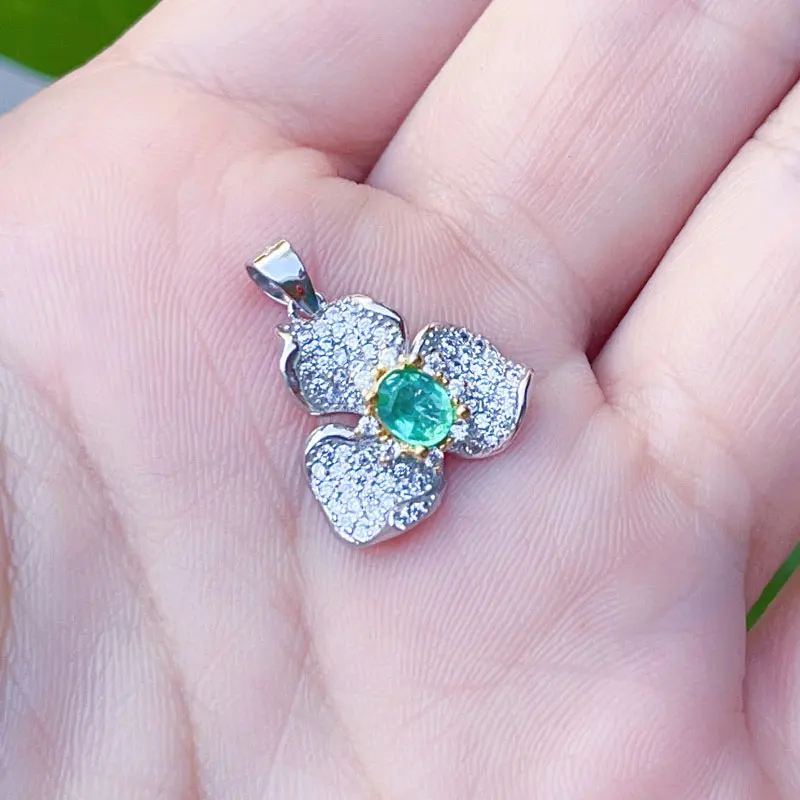 925 silver flower pendant 4x5mm natural emerald pendant with jewelry certificate genuine Colombian emerald jewelry