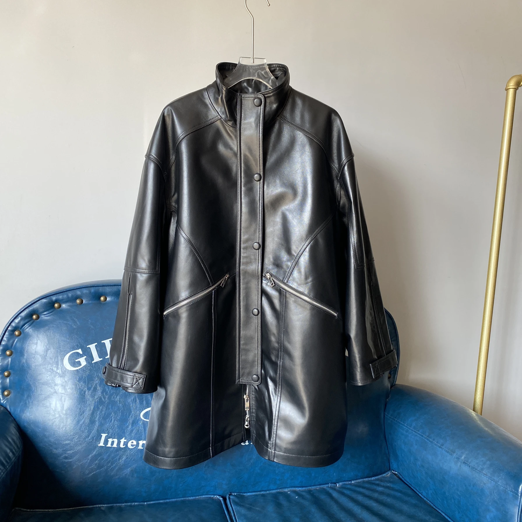 

Bla Leather Jaet Women's 2025 Spring New Sle Mid-Length Stand Collar Loose Long Sve Faionable Outerwear Coat