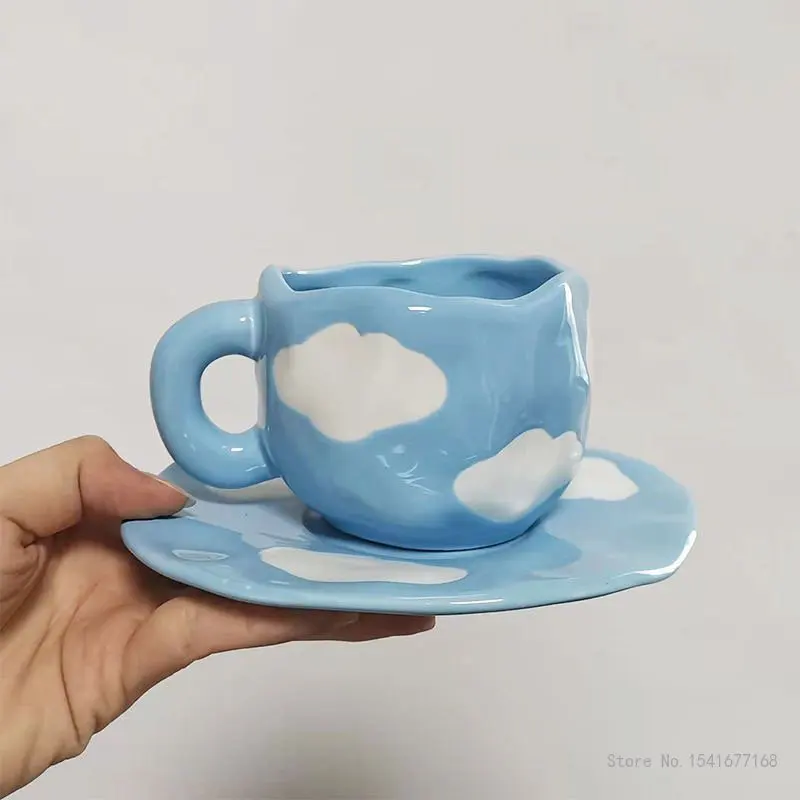 

Korean Ceramic Hand-painted Water Cup Plate Blue Sky White Cloud High Appearance Level Lovely Water Coffee Cup and Plate Set 1Pc