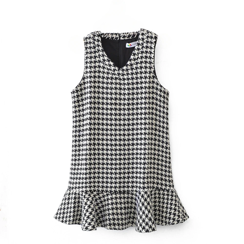 Sweet Vintage Houndstooth Print Women’s Sundress Korean Fashion Sleeveless V-Neck Dresses Casual New Year Mermaid Party Dresses