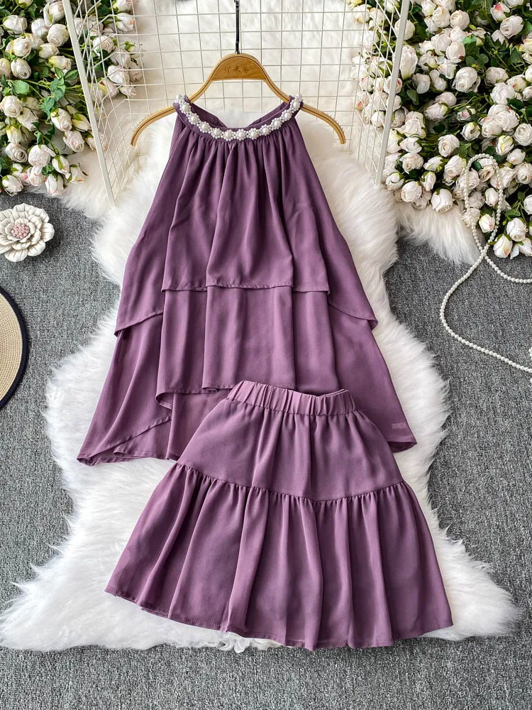 

Women summer two piece set of temperament pearl hanging neck sleeveless vest irregular top+high waisted casual cake skirt