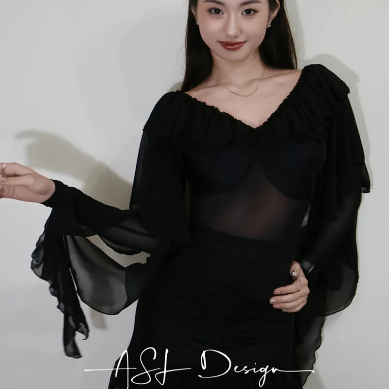 Drijvende Mesh Ballroom Dans Tops Lange Mouwen Zwarte V-hals Maillots Volwassen Vrouwen Latin Dans Kleding Wals Praktijk Slijtage BL18207