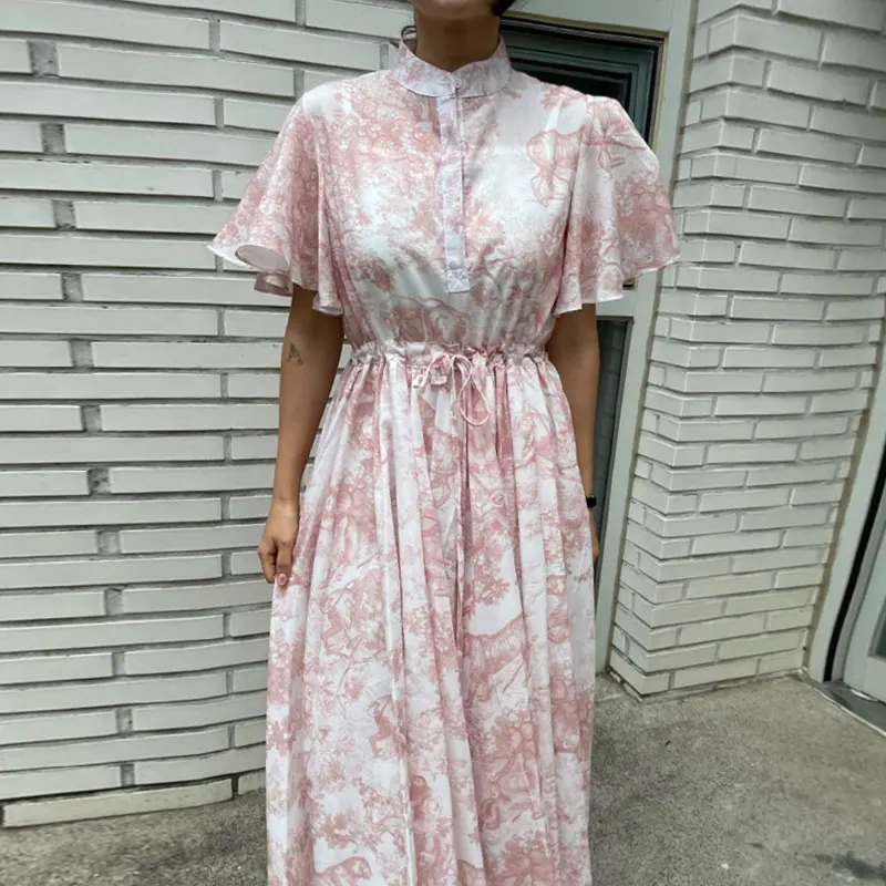 2024 Summer Printed Chiffon Long Maxi Dress Women Elegant Vintage Fashion Drawstring Short Sleeve Stand Collar Ladies Vestidos