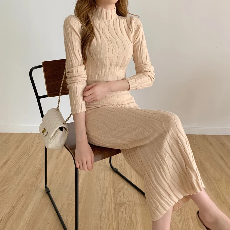 

Black Chic Women Sheath Dress Knitted Autumn 2023 Half High Neck Elegant Business Long Knitwear Korean Winter Knit Jumper