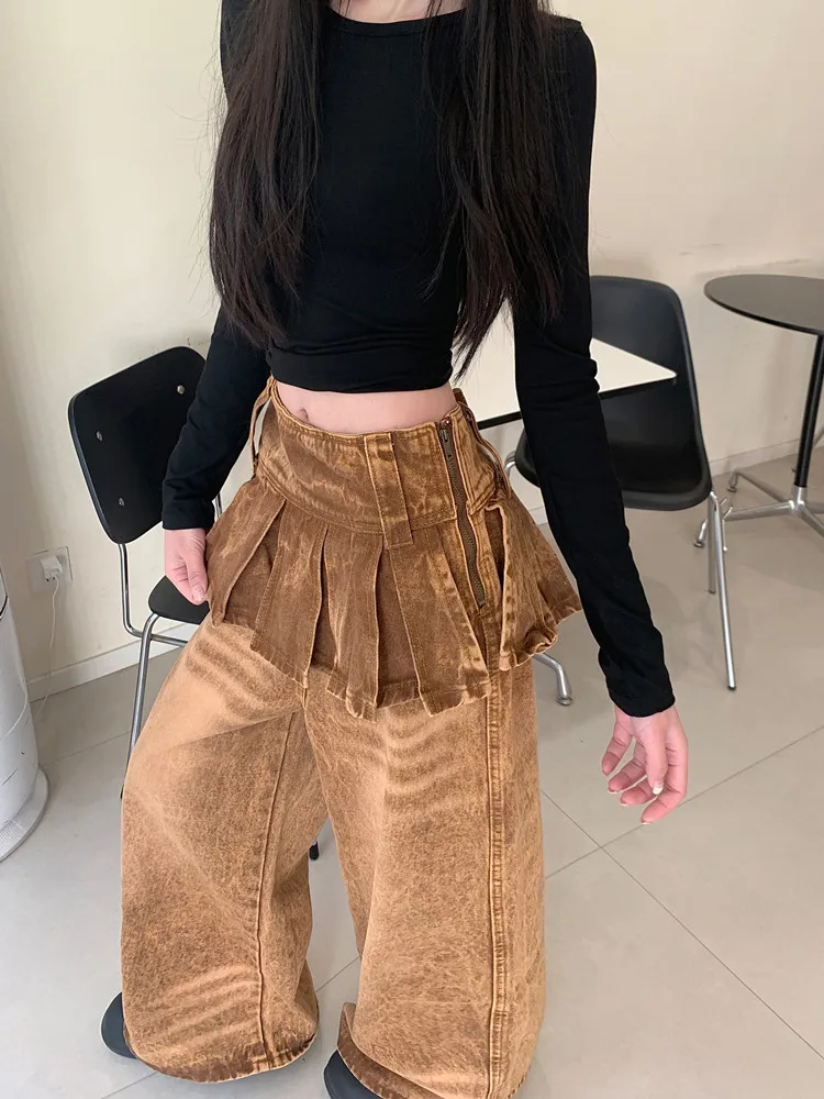 2026 Cyber Y2K Streetwear Vintage Braune Baggy Stacked Jeans für Damen – Weite Bein Denim-Hose Pantalon Femme – Detail 14