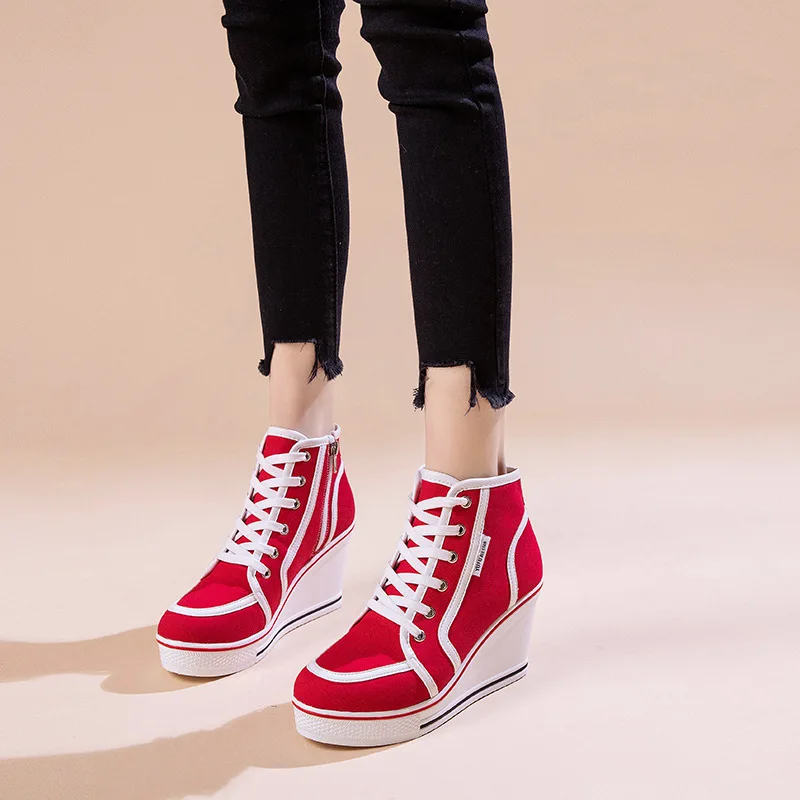 Lace Up Women Comfy Wedges High Heels Sporty Canvas Sneakers Bordered Denim  Height Increasing Maternal Women Shoes 35-43