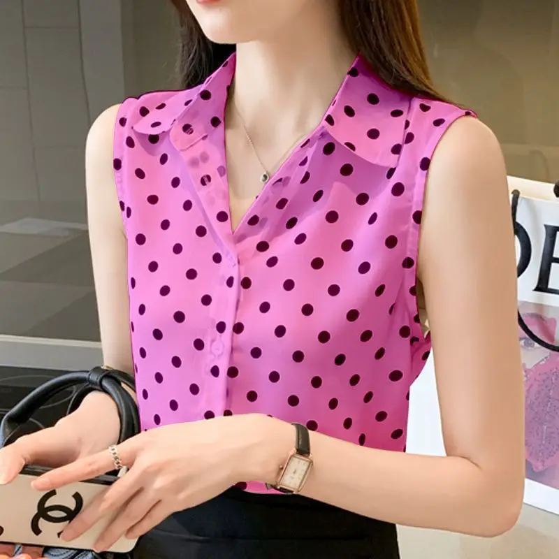 2024 Summer Women Korean Fashion Polka Dots Print Sleeveless Shirts Office Lady Elegant Commute Blouses Casual Slim Chiffon Tops