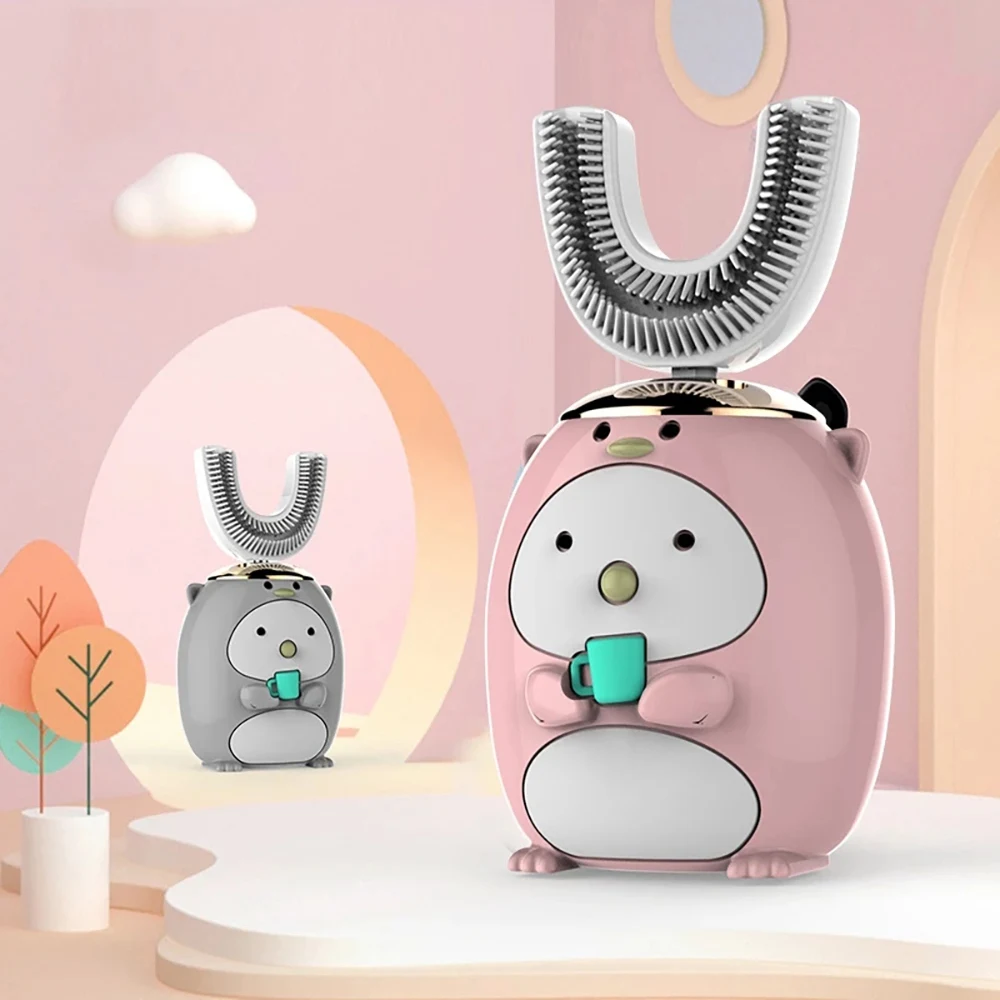 M02K-1Pcs Children's Smart Ultrasonic Electric Toothbrush Silicone U Shaped Kids USB Rechargeable Cordless Toothbrush