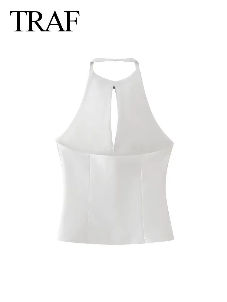 TRAF 2024 Summer Woman Fashion Sexy Tops Solid White O-Neck Sleeveless Hollow Out Backless Bow Decoration Female Chic Slim Tops