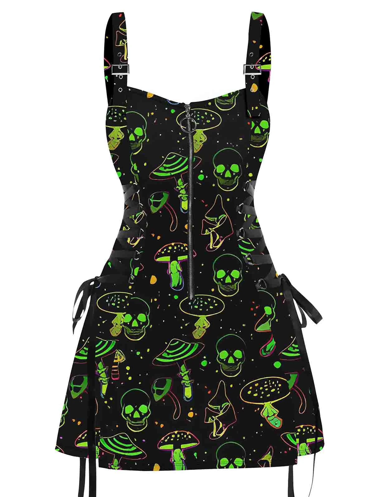 Dressfo 2025 Women\'s Mini Dresses Galaxy Skull Mushroom Print Lace Up Dress Half Zipper Adjustable Buckle Strap Sleeveless Dress
