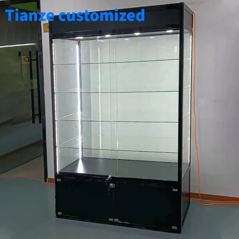 

(Customized) retail and tempered glass smoke shop showcase with Light Adjustable aluminium pole glass showcase