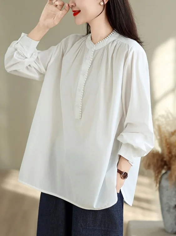Loose Long Sleeve Shirt Autumn Design Casual Style Button up Stand Collar Versatile Loose Fit Women's plus Size Casual Top