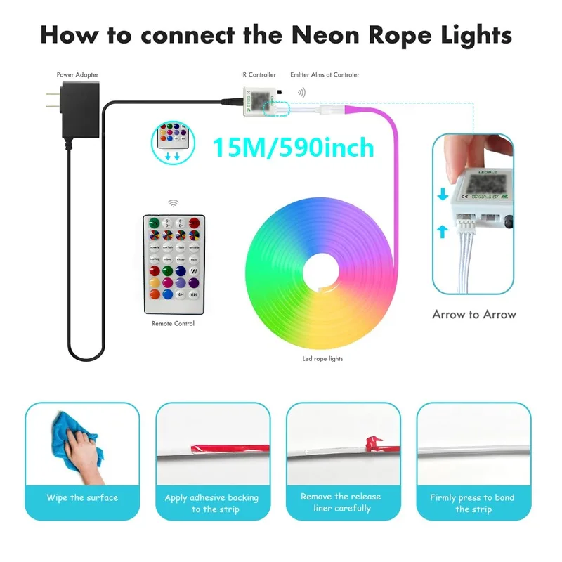 150 FT RGB neon light strip controlled app and remote control Waterproof Music Sync Color Changing Rope for Bedroom Living Game