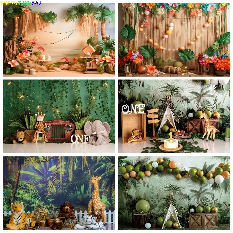 

Newborn Baby 1st Birthday Backdrop Tropical Jungle Forest Safari Animal Baby Shower Party Decor Photo Background Props