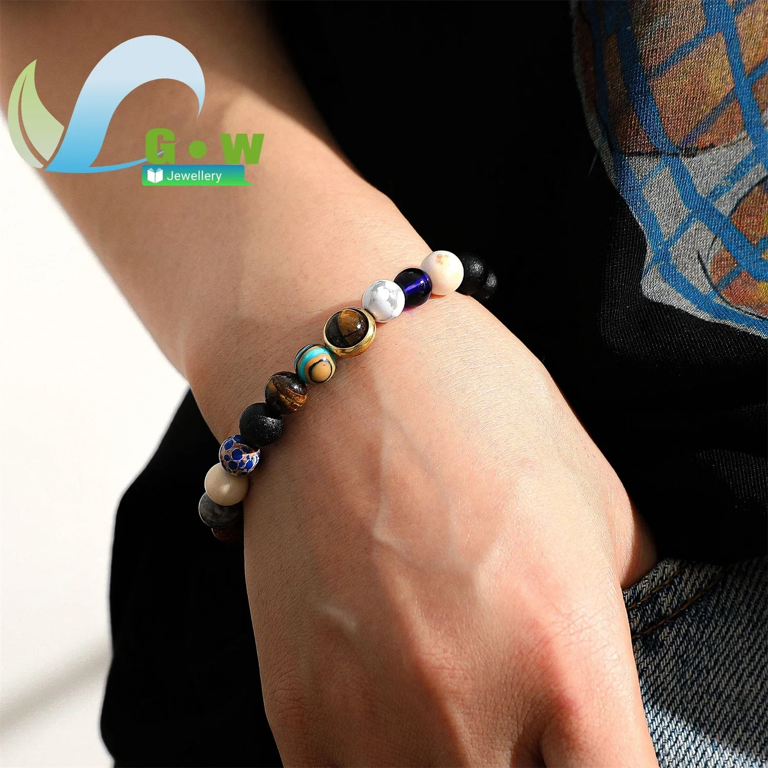 Vintage Couple Bracelet Set Galaxy Volcanic Stone Solar System Eight Planets Space Theme Beaded Jewelry Wholesale for Men Women