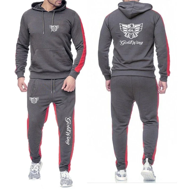 Goldwing GL1500 2024 Spring And Autumn Men's New Long Sleeves Fashion Sportswears Solid Color Hoodie Tops Pants Two-Pieces Set