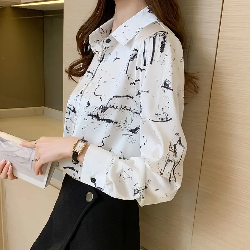 Vintage Fashion Printing Single-breasted Blouse Women New Long Sleeve Turn-down Collar All-match Temperament Chiffon Shirt 2022