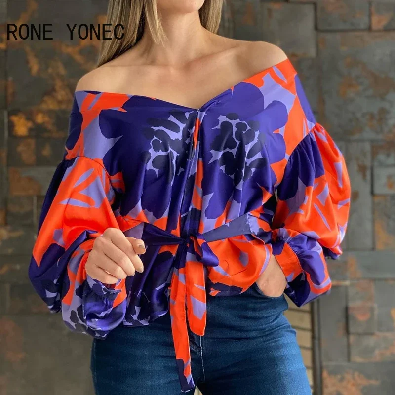 Women Casual All Over Print Off Shoulder waistband Puff Sleeve Sexy Blouse