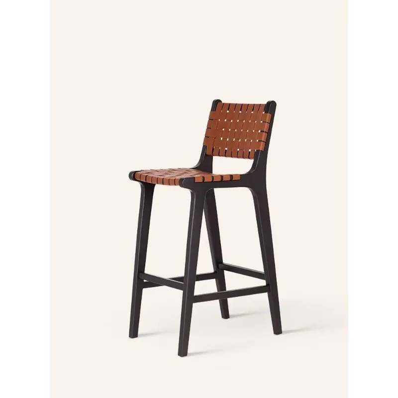 Saddle Leather Woven Coffee Light Luxury Room Medieval Wabi-Sabi Back Metal High Stool Home bar Chair